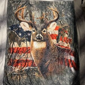 Deers with the American Flag In The Background Forest Cozy Fleece Throw Blanket